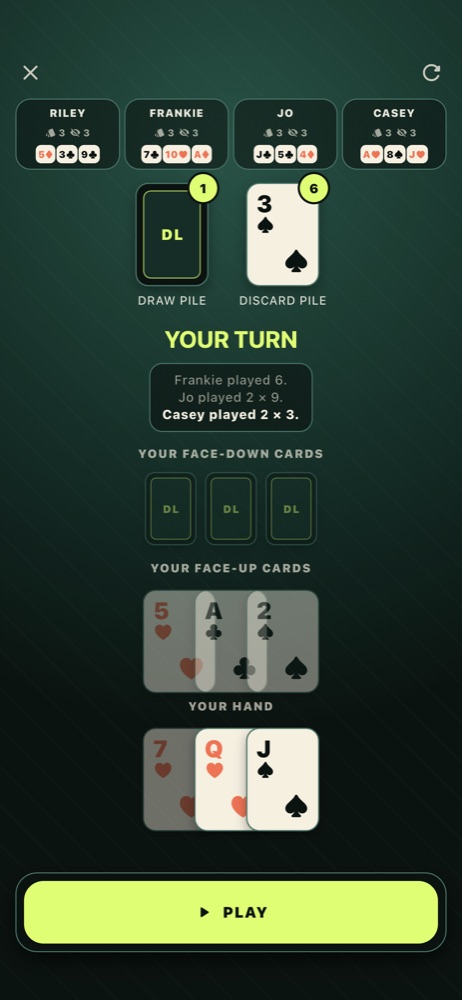 Dead Last gameplay: four opponents, the discard pile and a hand of cards ready to play.